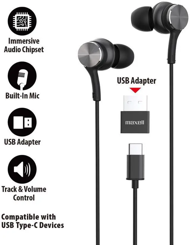 Alt view image 2 of 5 - Maxell USB-C Wired Earbuds with USB-A Adapter, Built-in Microphone with Volume and Track Control, Compatible with All Devices with a USB-C and/or USB-A Port, Immersive Digital Chipset, Black, 197299