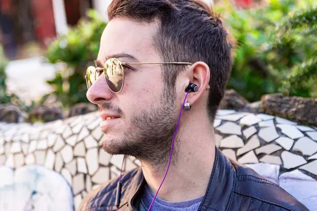 Alt view image 2 of 5 - LUDOS Clamor Wired Earbuds in-Ear Headphones, 5 Years Warranty, Earphones with Microphone, Noise Isolating Ear Buds, Memory Foam for iPhone, Samsung, School Students, Kids, Women, Small Ears - Purple