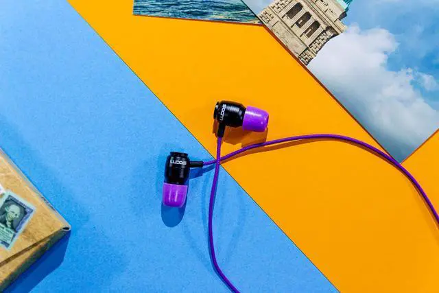 Alt view image 5 of 5 - LUDOS Clamor Wired Earbuds in-Ear Headphones, 5 Years Warranty, Earphones with Microphone, Noise Isolating Ear Buds, Memory Foam for iPhone, Samsung, School Students, Kids, Women, Small Ears - Purple