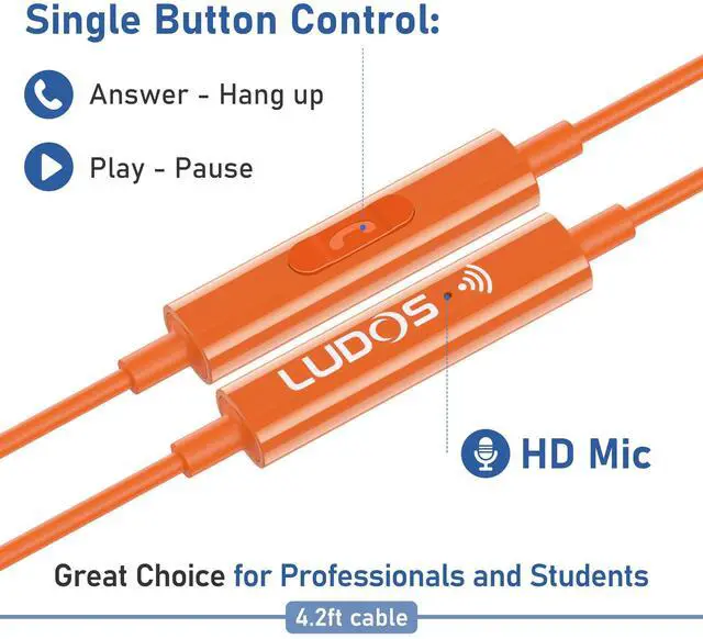 Alt view image 4 of 5 - LUDOS FEROX USB C Headphones for iPhone 16 15 Pro Max Plus iPad Pro, 5 Years Warranty, USB-C Earbuds for Samsung Galaxy S24 S23 Ultra S22 S21 S20 A55 A54 A53, USB Type C Earphones - Orange