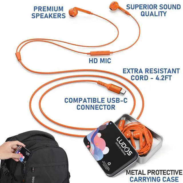 Alt view image 3 of 5 - LUDOS FEROX USB C Headphones for iPhone 16 15 Pro Max Plus iPad Pro, 5 Years Warranty, USB-C Earbuds for Samsung Galaxy S24 S23 Ultra S22 S21 S20 A55 A54 A53, USB Type C Earphones - Orange