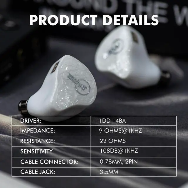 Alt view image 2 of 5 - Linsoul ZiiGaat x Fresh Reviews Arete in Ear Monitor, 1DD+4BA Hybrid Earphone IEM (White) + Linsoul Kiwi Ears Flex Earbud Tips, Replacement Silicone IEM Tips, 3 Pairs, S/M/L Size