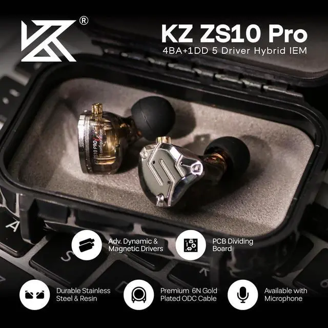 Alt view image 2 of 5 - Linsoul KZ ZS10 Pro, 4BA+1DD 5 Driver in Ear Monitor, HiFi Wired Earbuds, Gaming Earbuds(with Mic, Black) + Tripowin Zonie HiFi in-Ear Monitor Upgrade Cable, with Omni Mic(3.5MM,Recessed 2Pin)