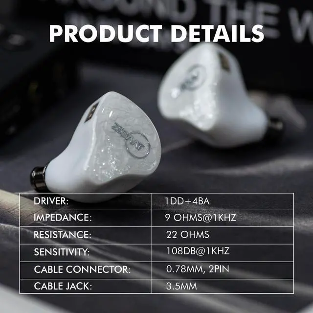 Alt view image 2 of 5 - Linsoul ZiiGaat x Fresh Reviews Arete in Ear Monitor, 1DD+4BA Hybrid Earphone IEM (White) Tripowin Zonie IEM Cable, 2m Long Earbud Cord, 16 Core Silver Plated Earphone Cable(2Pin)