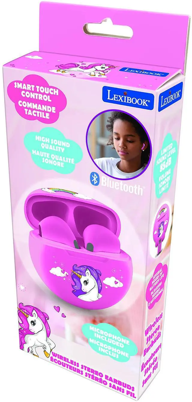 Alt view image 5 of 5 - LEXiBOOK, Unicorn, Wireless Earbuds, Bluetooth with Microphone and Control Button, Long Lasting Rechargeable Battery, Pink, HPBT05UNI
