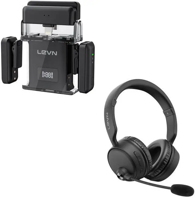 Main image of LEVN Bluetooth Headset, Bluetooth Headphones with Microphone 60Hrs Working Time,Wireless Lavalier Microphone, Microphone for iPhone (2 TX + 2 RX + Charging Case)