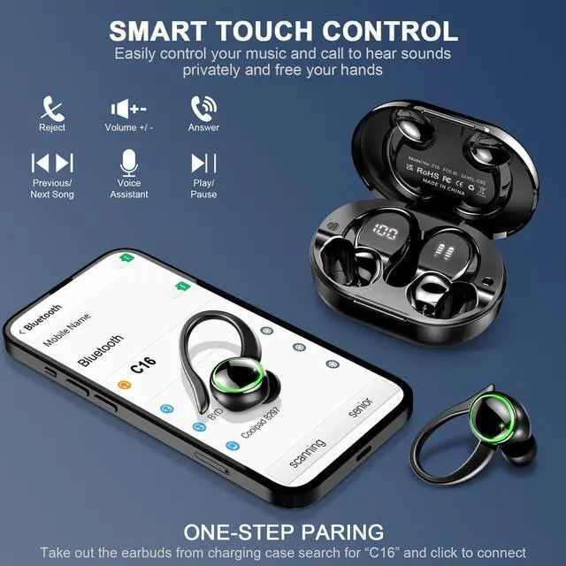 Alt view image 5 of 5 - Wireless Earbuds, Bluetooth 5.3 Headphones with Noise Cancelling Mic, Bass Stereo Bluetooth Earphones 50Hrs with LED Display, IP7 Waterproof Earbuds with Earhooks, Ear Buds for Sports/Workout/Running