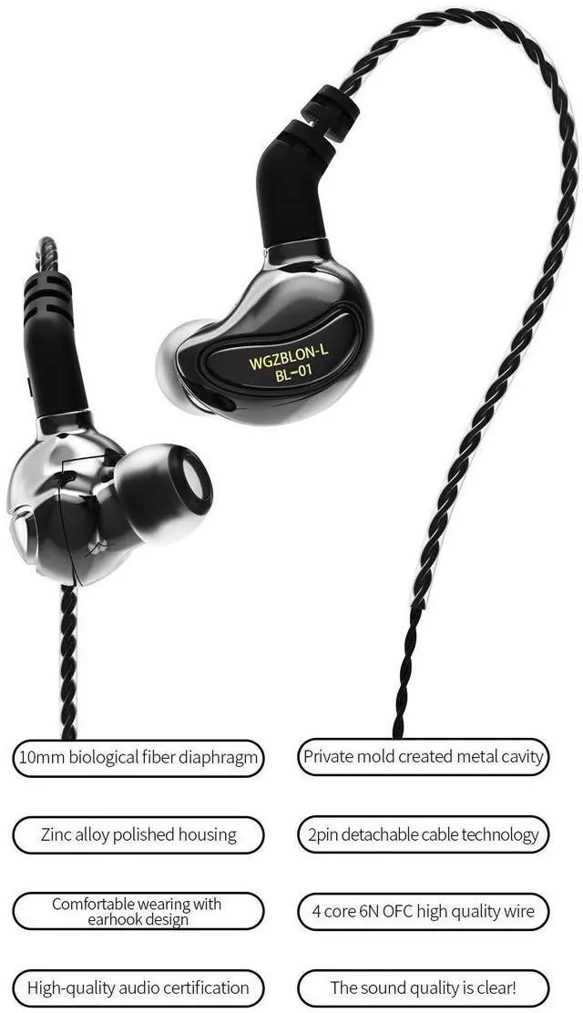 Alt view image 2 of 5 - keephifi in-Ear Headphones BLON BL01 10mm Bio-Fiber Diaphragm Earphones for Powerful Sound, HiFi Bass Noise-canceling, No Latency Earbuds for Games, Music,Sports and Videos (no mic, Gun)