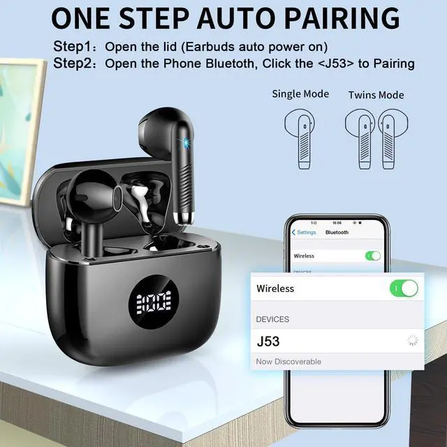 Alt view image 5 of 5 - Wireless Earbuds, 2025 Bluetooth Headphones 5.4 HiFi Stereo, in-Ear Ear buds with 4 ENC Noise Cancelling Mics, 40H Playtime Sport Ear Buds with Charging Case, IP7 Waterproof Earphones with LED Display