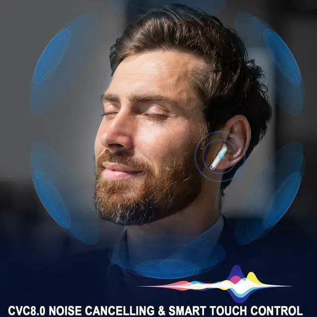 Alt view image 4 of 5 - Jxrev 2 Pack White and Purple Wireless Earbuds, Wireless Earbuds, Bluetooth Ear Buds LED Power Display Headphones Bass Stereo, Bluetooth Earbuds in-Ear Noise Cancelling Mic, 40H Playback Mini Case