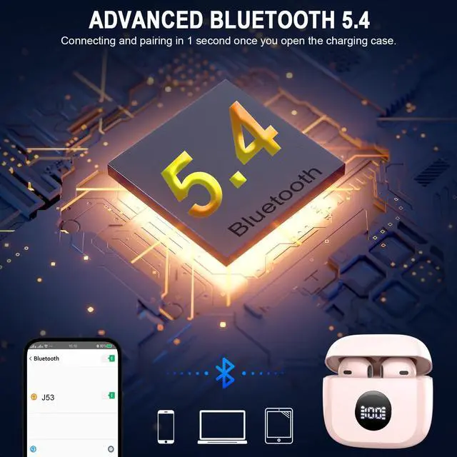 Alt view image 2 of 5 - Wireless Earbuds, Bluetooth 5.4 Headphones HiFi Stereo, in Ear Earphones with 4 ENC Noise Cancelling Mics, 40H Playback Ear Buds with Mini Case LED Display, IP7 Waterproof Headset with USB C Charging