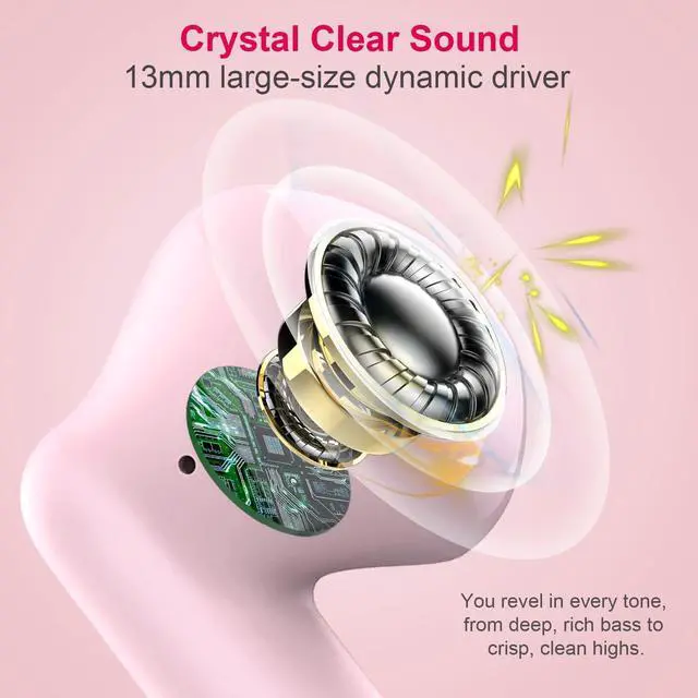 Alt view image 3 of 5 - Wireless Earbuds, Bluetooth 5.4 Earbuds Stereo Bass, Bluetooth Headphones in Ear Noise Cancelling Mic, Earphones IP7 Waterproof Sports, 32H Playtime USB C Charging Case Pink Ear Buds for Android iOS