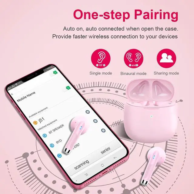 Alt view image 5 of 5 - Wireless Earbuds, Bluetooth 5.4 Earbuds Stereo Bass, Bluetooth Headphones in Ear Noise Cancelling Mic, Earphones IP7 Waterproof Sports, 32H Playtime USB C Charging Case Pink Ear Buds for Android iOS
