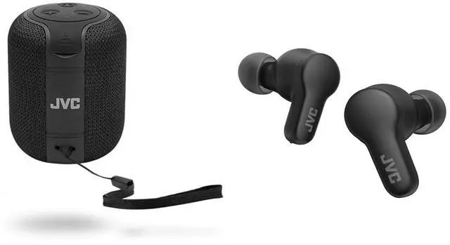 Main image of JVC Gumy Speaker and Earbuds Bundle with Bluetooth 5.3 - Portable Wireless Speaker with 15-Hour Battery Life and True Wireless Earbuds with 24-Hour Battery Life