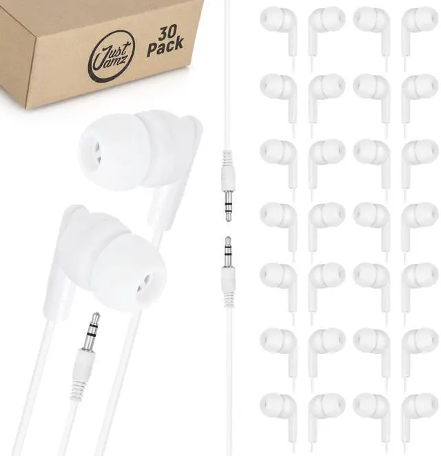 Alt view image 3 of 5 - JustJamz 130 Bulk Wired Earbuds Bundle: 100 Black Dot Disposable Earphones + 30 Pearl White Wired Earbuds | Affordable in-Ear Headphones for Schools, Libraries, and Classrooms
