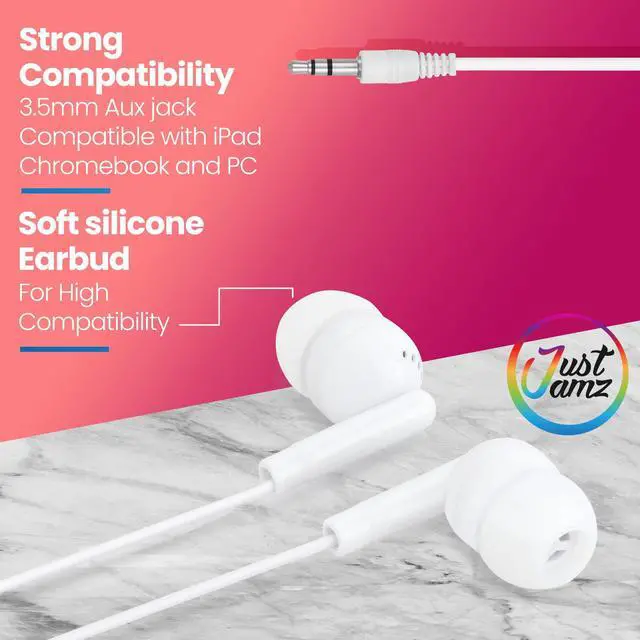 Alt view image 5 of 5 - JustJamz 130 Bulk Wired Earbuds Bundle: 100 Black Dot Disposable Earphones + 30 Pearl White Wired Earbuds | Affordable in-Ear Headphones for Schools, Libraries, and Classrooms