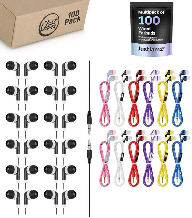 Main image of JustJamz 200-Pack Bulk Wired Earbuds: 100 Black Dot Disposable Earphones + 100 Multicolored Earphones with Mic | Wired in-Ear Headphones for Schools, Classrooms, Libraries, Kids, and Events