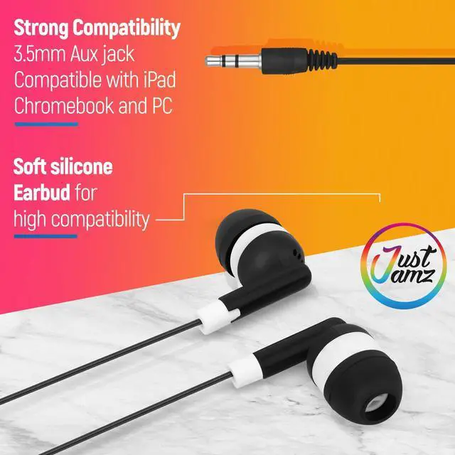 Alt view image 4 of 5 - JustJamz 200-Pack Bulk Wired Earbuds: 100 Black Dot Disposable Earphones + 100 Multicolored Earphones with Mic | Wired in-Ear Headphones for Schools, Classrooms, Libraries, Kids, and Events