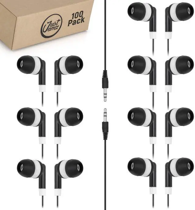Alt view image 2 of 5 - JustJamz 200-Pack Bulk Wired Earbuds: 100 Black Dot Disposable Earphones + 100 Bits Multicolored in-Ear Earbuds | Wired Earphones for Schools, Classrooms, Libraries, Kids, and Bulk Events