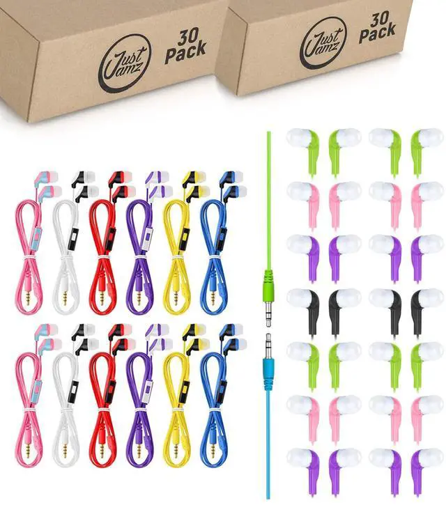 Main image of 60-Pack Wired Earbuds Bundle: 30 Color Call Earbuds with Microphone + 30 Jelly Roll Earbuds Without Mic | Bulk In-Ear Headphones with Silicone Tips for Schools, Classrooms, Libraries, and Travel
