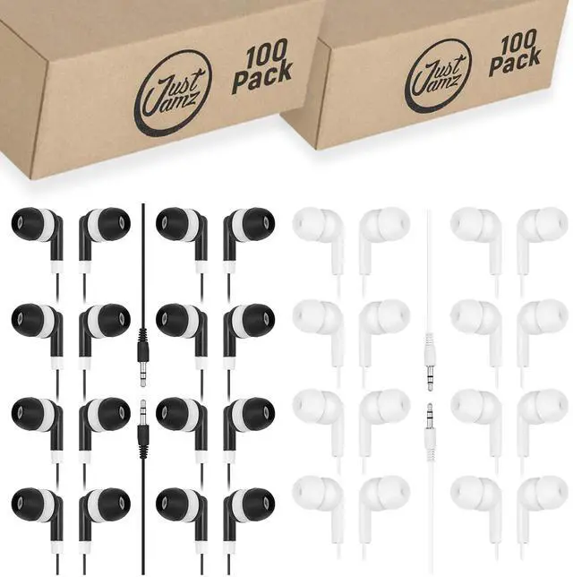Main image of JustJamz 200 Pack Bulk Wired Earbuds - Black Dot & Pearl White Disposable Headphones, Bulk Wired Earbuds for Students, Earphones for Class, Kids, Classroom and Libraries, 3.5mm Headphones