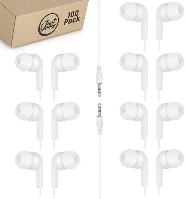 Alt view image 3 of 5 - JustJamz 200 Pack Bulk Wired Earbuds - Black Dot & Pearl White Disposable Headphones, Bulk Wired Earbuds for Students, Earphones for Class, Kids, Classroom and Libraries, 3.5mm Headphones