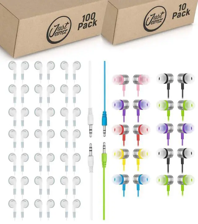 Main image of JustJamz 110-Pack Bulk Wired Earbuds: 100 Simple White Wired Earphones + 10 Disposable Multi-Color Kids Headphones | Affordable Earphones for Classroom, School, Office, Travel, and Everyday Use