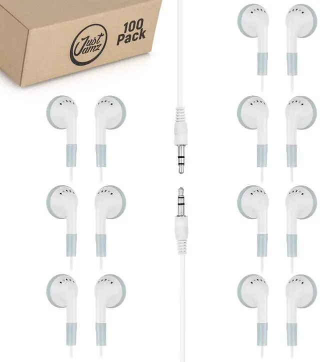 Alt view image 2 of 5 - JustJamz 110-Pack Bulk Wired Earbuds: 100 Simple White Wired Earphones + 10 Disposable Multi-Color Kids Headphones | Affordable Earphones for Classroom, School, Office, Travel, and Everyday Use