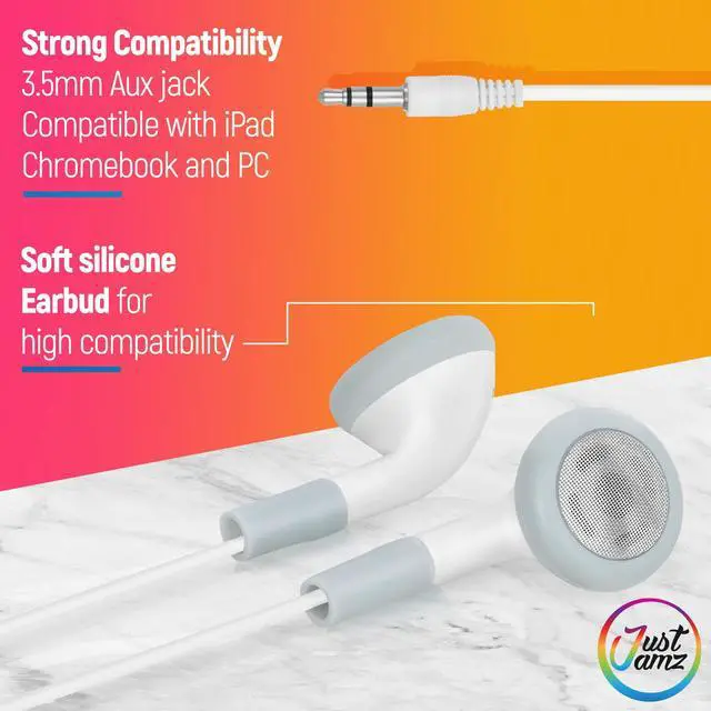 Alt view image 4 of 5 - JustJamz 110-Pack Bulk Wired Earbuds: 100 Simple White Wired Earphones + 10 Disposable Multi-Color Kids Headphones | Affordable Earphones for Classroom, School, Office, Travel, and Everyday Use