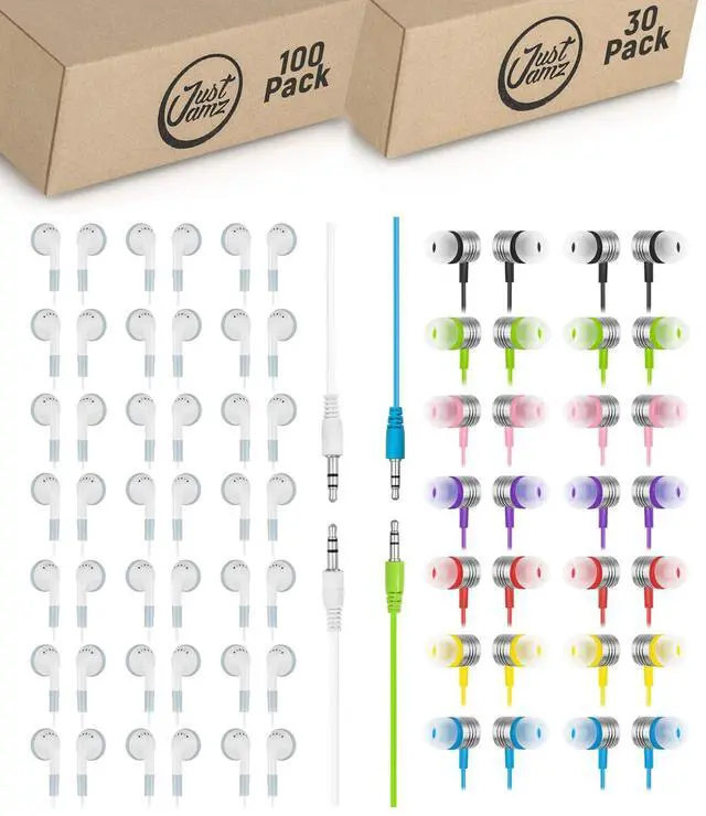 Main image of 130-Pack Bulk Wired Earbuds: 100 Simple White Earphones + 30 Colorful Jelly Matte Earbuds | Wired Headphones with 3.5mm Jack for Schools, Classrooms, Libraries, Kids, Students, and Bulk Events