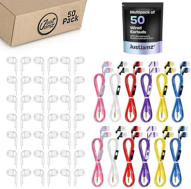 Main image of JustJamz 100 Bulk Wired Earbuds Bundle: 50 Pearl White Earbuds (No Mic) + 50 Multi-Color Earphones with Mic