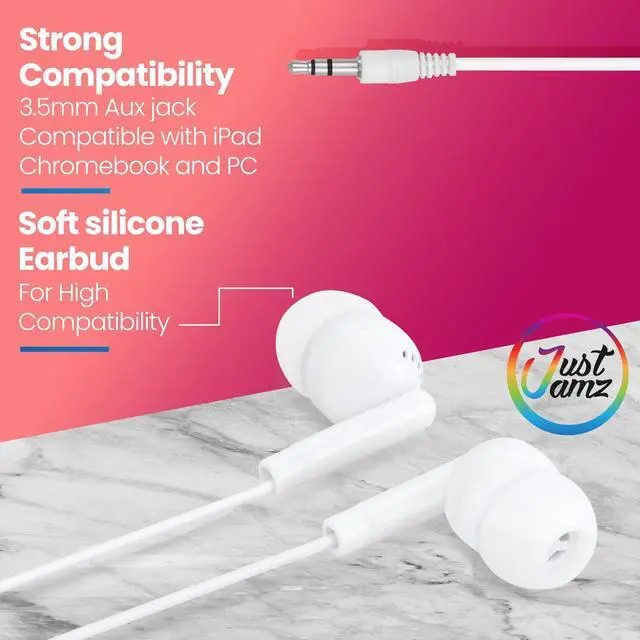 Alt view image 4 of 5 - JustJamz 100 Bulk Wired Earbuds Bundle: 50 Pearl White Earbuds (No Mic) + 50 Multi-Color Earphones with Mic