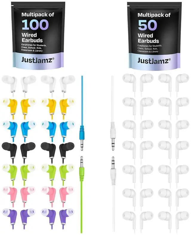 Main image of 150 Pack  Bulk Earbuds for Classroom Use | Includes 100 Multicolor Earbuds and 50 White Wired Earbuds | Student Earbuds Bulk for School, Class Set Earbuds, Wired Earbuds Pack, Earbuds in Bulk