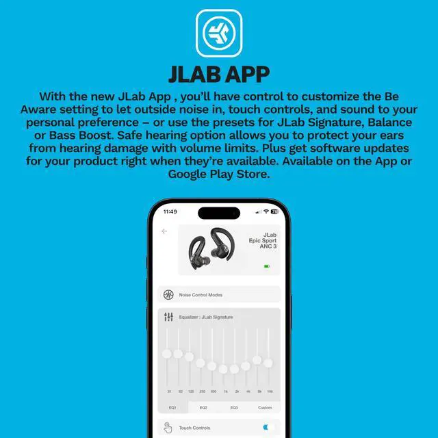 Alt view image 5 of 5 - JLab Epic Air Sport ANC 3 True Wireless Bluetooth Earbuds for Active Workout, Hybrid Dual Drivers for Premium Sound, Hi-Res Audio, Spatial Audio, AAC, Sweatproof, 12+ Hours Playtime, Google Fast Pair