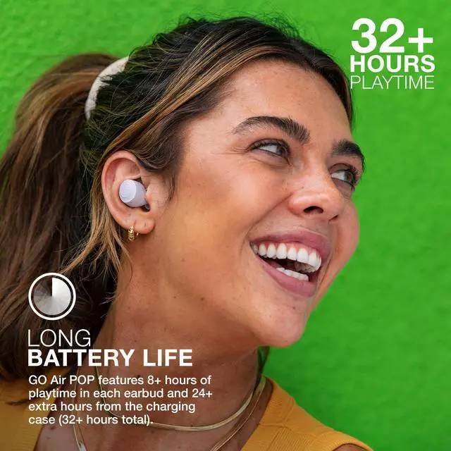Alt view image 3 of 5 - JLab Go Air Pop True Wireless Earbuds, in Ear Headphones, Bluetooth Earphones, Ear Buds with 32H Playtime, Bluetooth Earbuds with Microphone, USB Charging Case, Dual Connect, EQ3 Sound, Lilac
