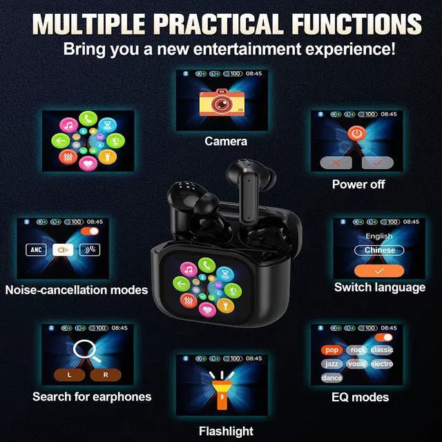 Alt view image 3 of 5 - Wireles Smart Touch Screen Active Noise Cancelling Earbuds In Ear Work Headphones ANC Touchscreen Earphones TWS True Wireless Earbuds Bluetooth 5.3 ENC Ear Buds with Screen On Case for iPhone Android