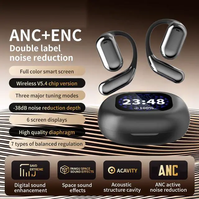 Alt view image 2 of 5 - Touchscreen LCD Open Over the Ear Bone Conduction Smart Earbuds Wireless Bluetooth Earphone with Touch Screen Case and Earhooks that don't Go in Your Ear