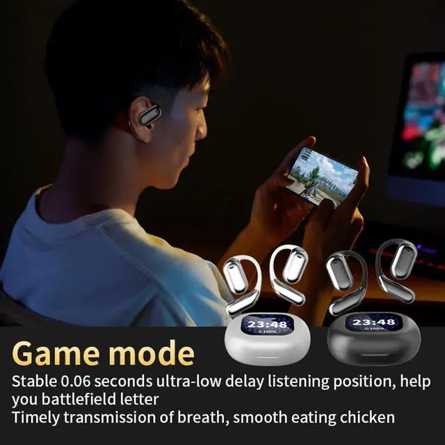 Alt view image 5 of 5 - Touchscreen LCD Open Over the Ear Bone Conduction Smart Earbuds Wireless Bluetooth Earphone with Touch Screen Case and Earhooks that don't Go in Your Ear