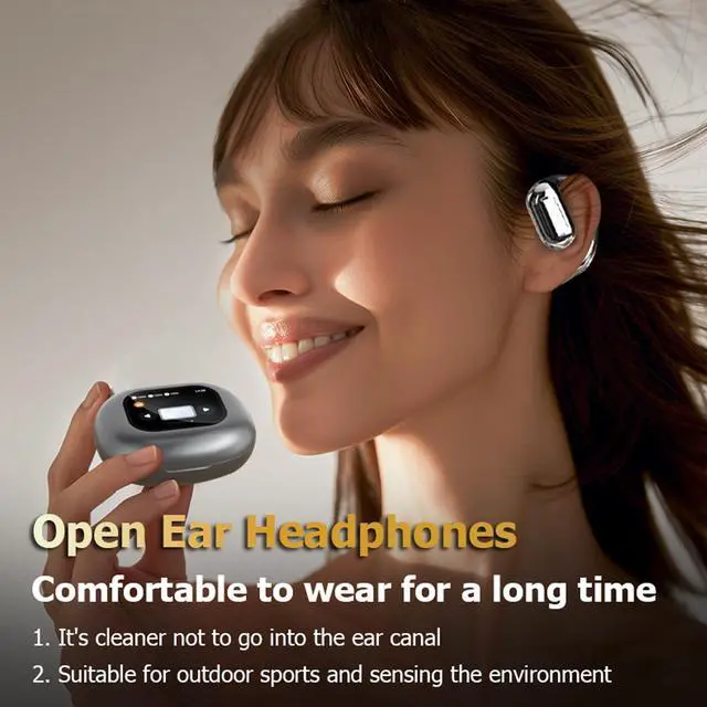 Alt view image 3 of 5 - Touchscreen LCD Open Over the Ear Bone Conduction Smart Earbuds Wireless Bluetooth Earphone with Touch Screen Case and Earhooks that don't Go in Your Ear