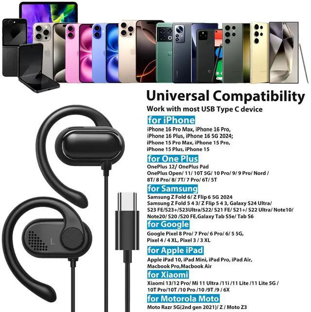Alt view image 2 of 5 - USB C Headphones Over-Ear Buds Hooks Microphone for Sport Running &Volume Control, Fit Small Ears Type C Wired Earbuds for iPhone 16e 16 15 iPad Pro Samsung Fold6 Galaxy S25 S24 S23 Oneplus 12 Pixel 8