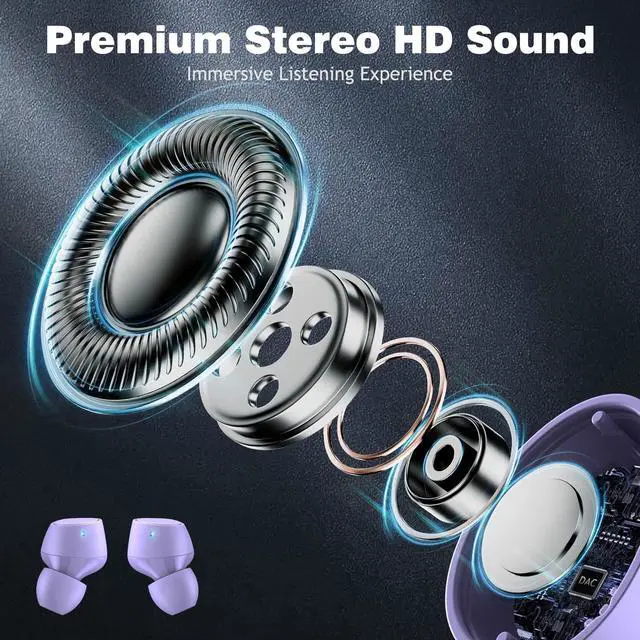 Alt view image 5 of 5 - 5.2 Bluetooth Headphones for Apple iPhone 16 16e 15 Pro Max 14 Plus 13, Small Ear Buds True Wireless Earbuds Earphones with Microphone Touch Control for Samsung S24 S23 Ultra Google Pixel 9 8 Purple