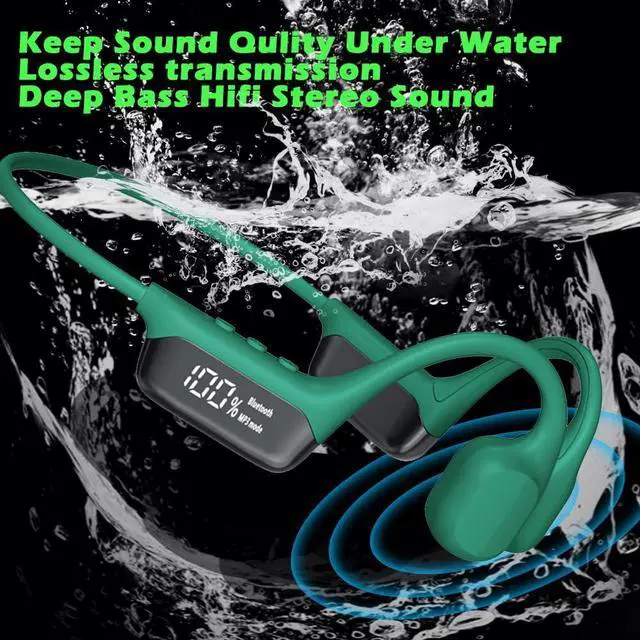Alt view image 2 of 5 - IHAO Swimming Headphones True Bone Conduction Open Ear Headset MP3 Player Built-in 32G Memory IP68 Underwater Waterproof Stereo Bluetooth Earphone for Driving Bicycling Running Skiing-S10 Green