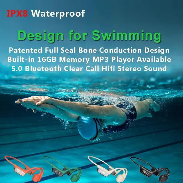 Alt view image 2 of 5 - IHAO Swimming Headphones True Bone Conduction Open Ear Headset MP3 Player Built-in 32G Memory IP68 Underwater Waterproof Stereo Bluetooth Earphone for Driving Bicycling Running Skiing-Grey