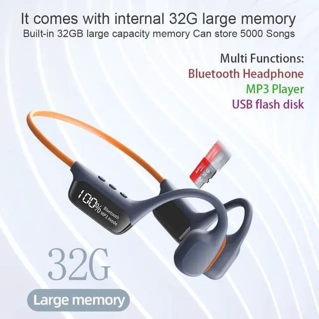 Alt view image 5 of 5 - IHAO Swimming Headphones True Bone Conduction Open Ear Headset MP3 Player Built-in 32G Memory IP68 Underwater Waterproof Stereo Bluetooth Earphone for Driving Bicycling Running Skiing-Grey