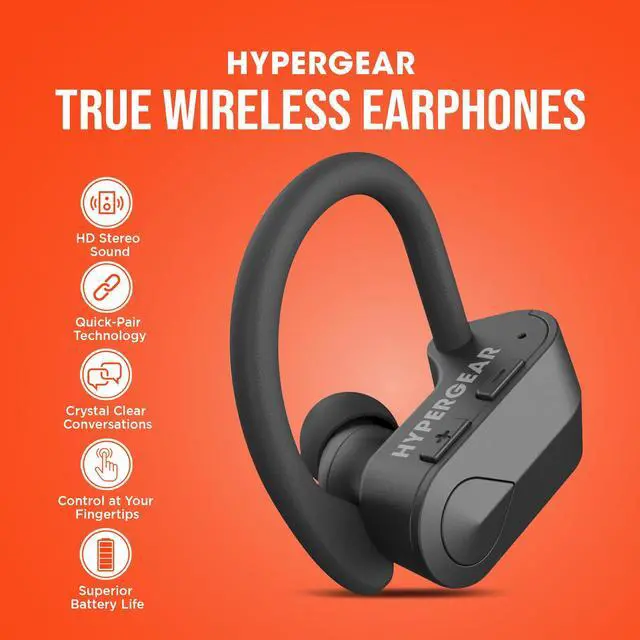 Alt view image 2 of 5 - HyperGear Sport True Wireless Earbuds, Bluetooth Earbuds with Noise-Cancelling Mic, Quick-Pair, Secure-Fit Ear Hooks, Comfortable Wireless Bluetooth for Workouts, Sweatproof, Black