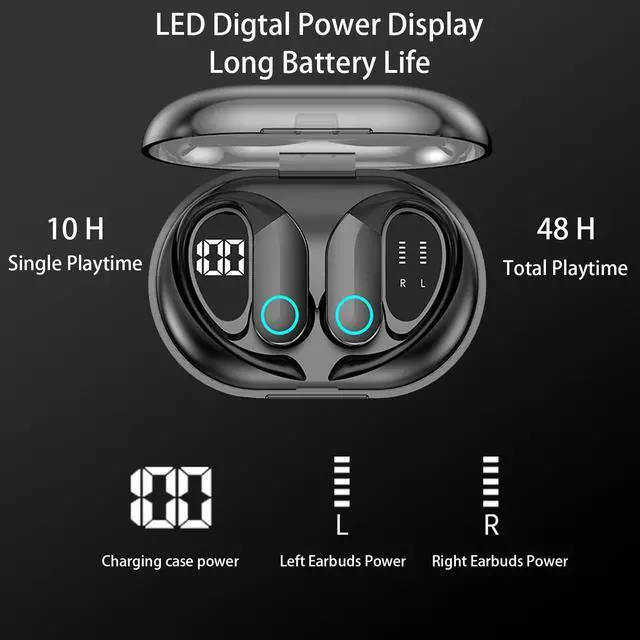 Alt view image 4 of 5 - Wireless Earbuds with Charging Case,Bluetooth 5.3 Headphones Digital Display 48 Hrs Playtime Sports Ear Buds with Earhook Deep Bass IPX6 Waterproof Earphones for TV Phone Laptop - Black