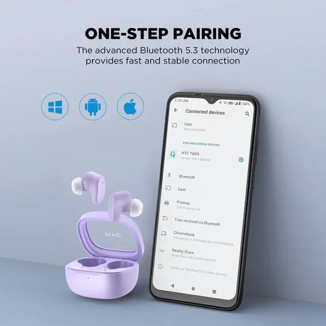 Alt view image 2 of 5 - HTC True Wireless Bluetooth Earbuds 9 Bluetooth 5.3, in-Ear Earphones Transparent Case Design with Wireless Charging Fuction, 24Hour Playtime/Game Modes/Built-in Mic/Touch Control -Purple