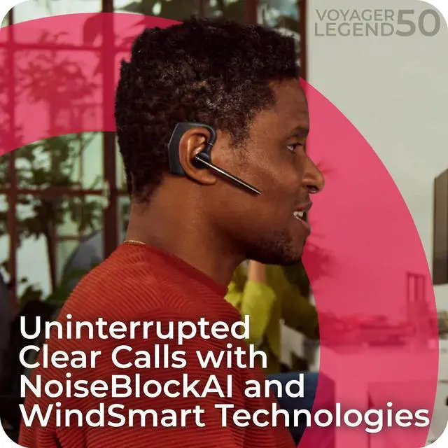 Alt view image 4 of 5 - Poly Voyager Legend 50 UC Bluetooth Headset, Charging Case, AI-Powered Noise Cancellation, 4-Mic WindSmart Tech, 10-Hr Battery, 98 ft Wireless Range, Multipoint Connectivity, Voice Assistant, GTW Card