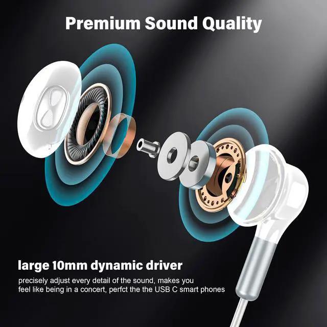 Alt view image 3 of 5 - Hmusic USB C Headphones, Type C Earphones Magnetic, Wired Earbuds in-Ear Headset with Mic Volume Control for Android Smart Phones for Samsung Galaxy, Google Pixel, Xiaomi (White)