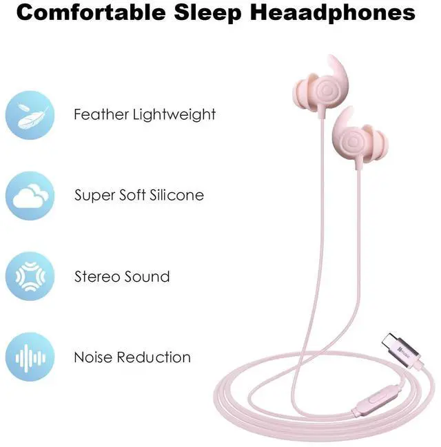 Alt view image 5 of 5 - Hmusic Sleep Earphones, Noise Isolation USB C Sleep Headphones Wired, Lightweight Soft Silicone Earbuds with Mic for Insomnia, Side Sleeper, Snoring, Air Travel, Yoga, Relaxation, Meditation (Pink)